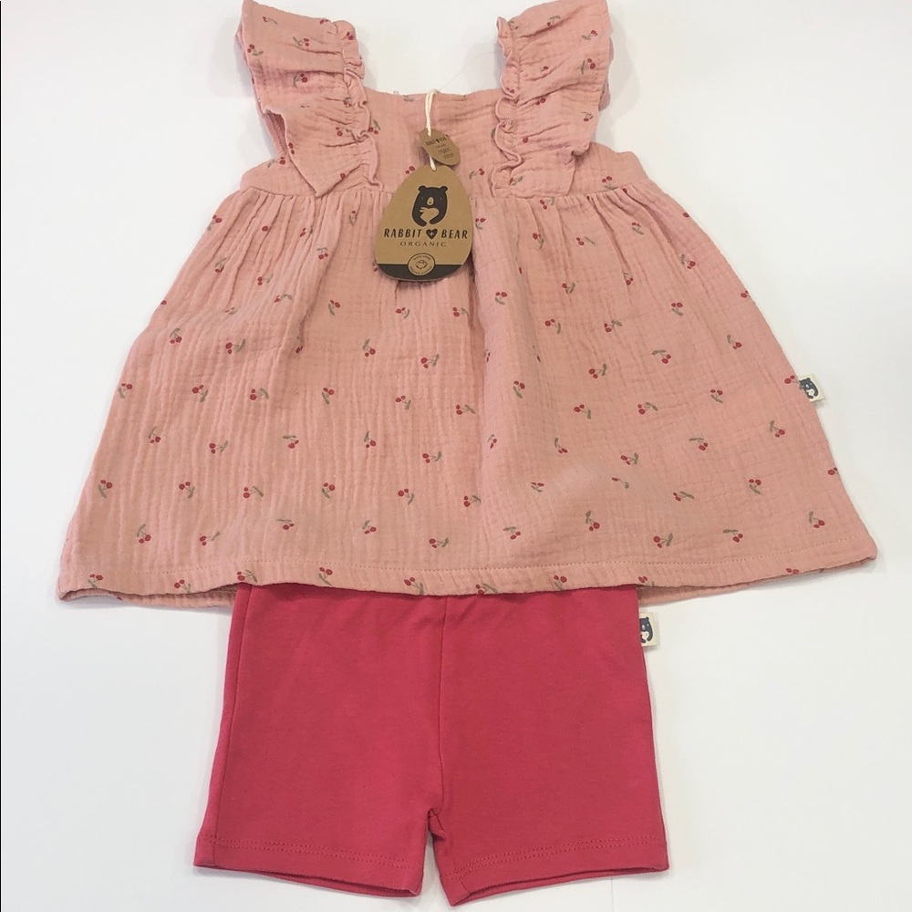 Rabbit + Bear Organic Pink Ruffle Baby Dress & Shorts Set 18M Cherry Print NWT
